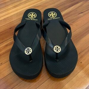 Tory Burch Black and Gold Wedge Flip Flops size 8
